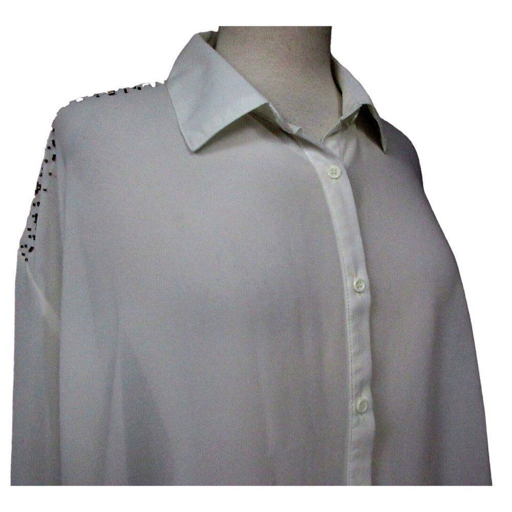 Romeo & Juliet Couture Semi Sheer Beaded Shoulders Hi-Lo Blouse Cream Roomy  M